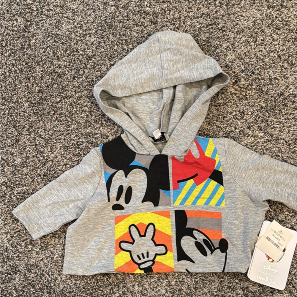 Disney Gray Hooded Mickey Mouse Pullover with Bright Graphic Blocks